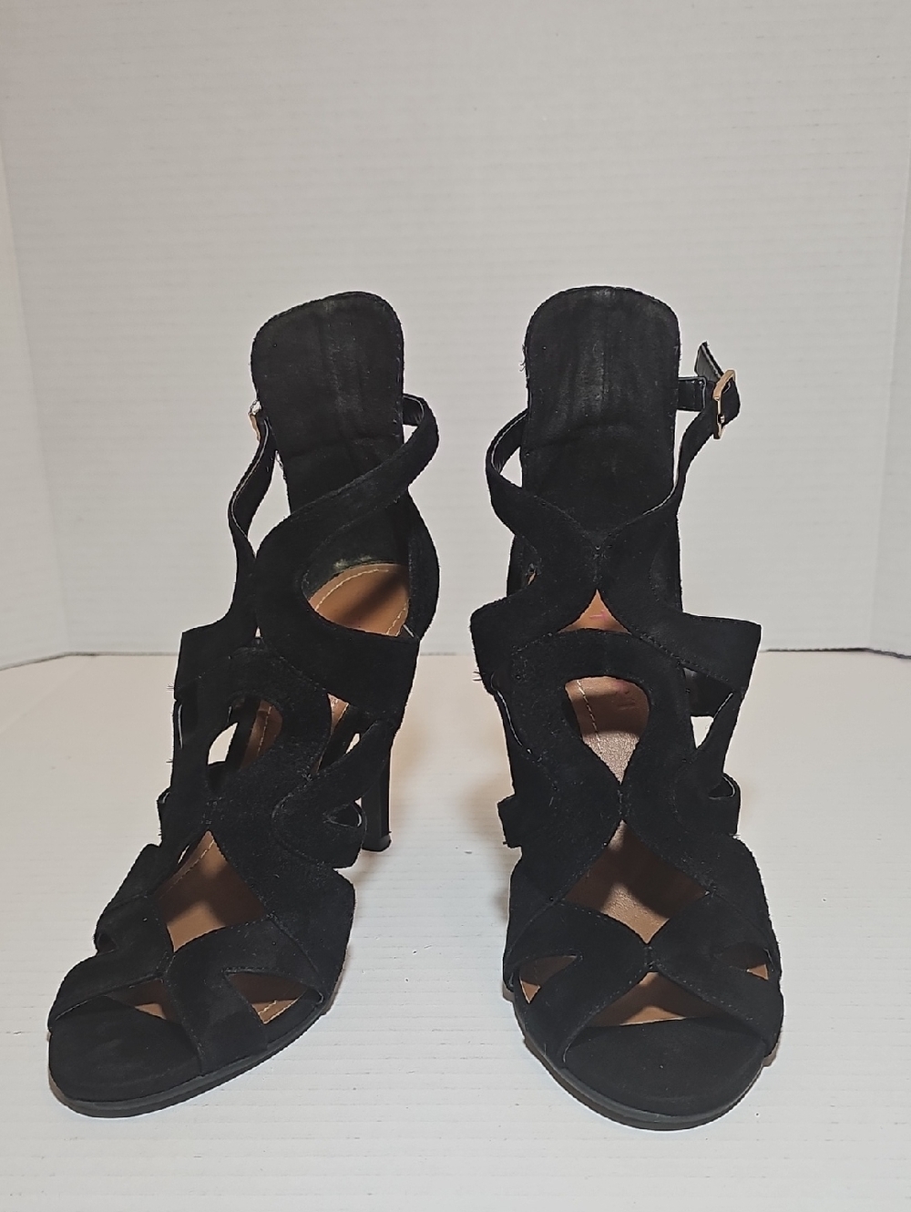 Tesori Black Suede Cutout Strappy High Heels